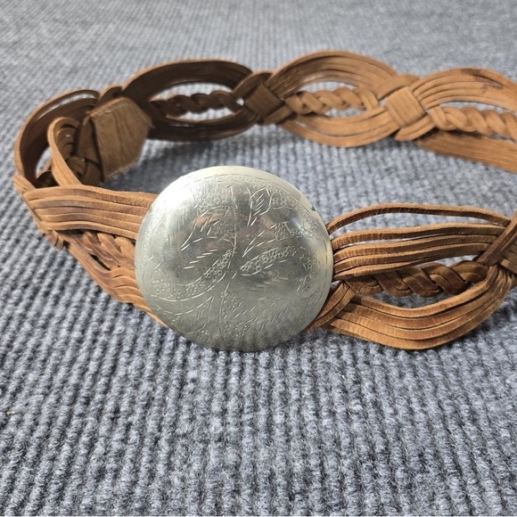 Braided Tan Leather Women’s Belt with Decorative Silver Concho - Picture 2 of 5